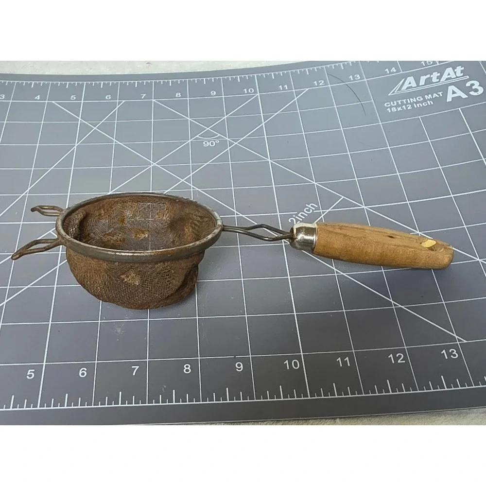 Vintage Wire Mesh Kitchen Strainer Small Wood Handle Primitive Farmhouse Decor